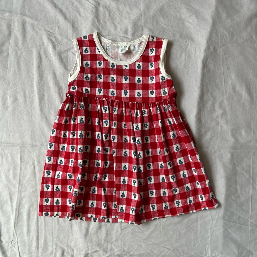 Red Gingham Sleeveless Baby/Toddler Dress with Floral Motif